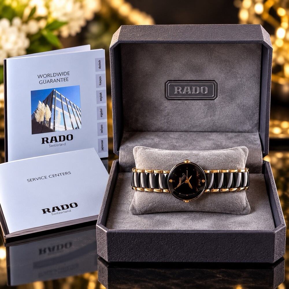 Rado DiaStar Ladies Watch 153.0352.3 Black Ceramic Gold Tone Swiss Quartz w Box